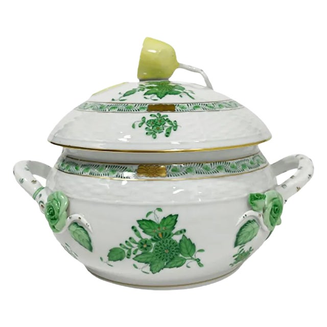 Small/Mini Green Porcelain Chinese Bouquet Apponyi Tureen with Handles from Herend Hungary For Sale