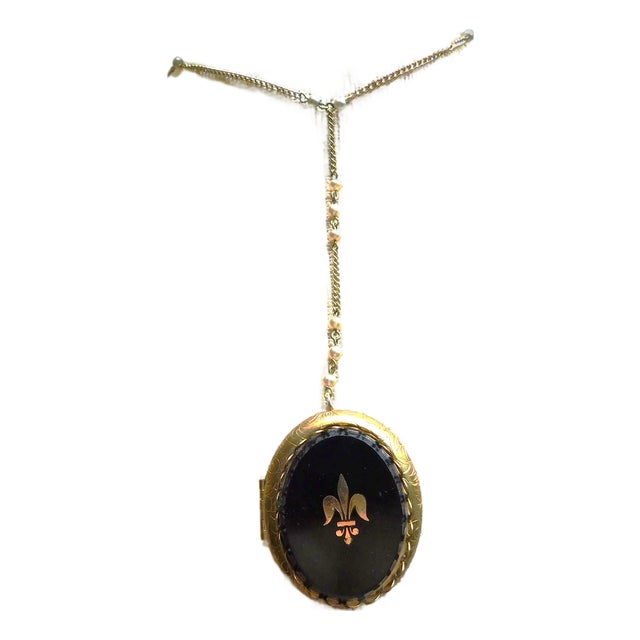 Vintage Large Etched Locket, Black Stone, Gold Leaf Fleur De Lis For Sale