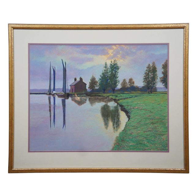1995 Vintage Watercolor Realist Landscape Painting Sailboats Farm by Fleming For Sale - Image 13 of 13