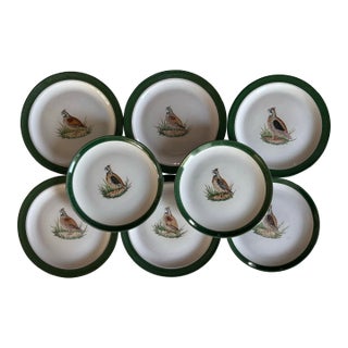 Set of 8 Small Plates With a Hand Painted Quail For Sale
