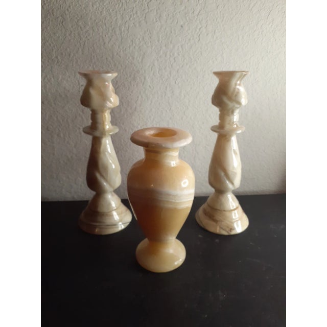 This is an EXQUISITE Handcarved Solid Marble Beige 3pcs Set of Candle Holders & Vase. Vase is 6" and candle holders are 8"...