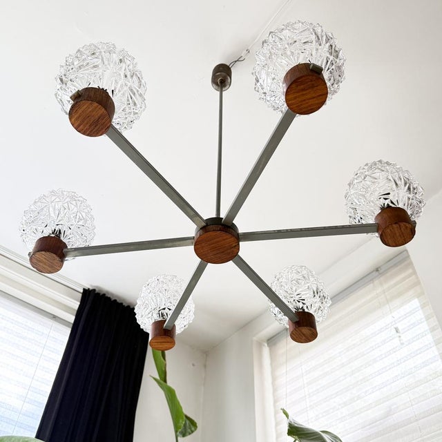 Brown Mid-Century Modern 6-Arm Chandelier with Pressed Glass Shades, Late 20th Century For Sale - Image 8 of 17