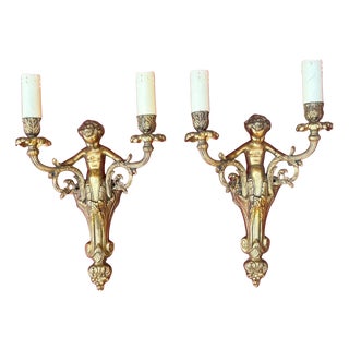 French Louis XV Style Gilt Bronze Cherub Wall Sconces, 1930, Set of 2 For Sale