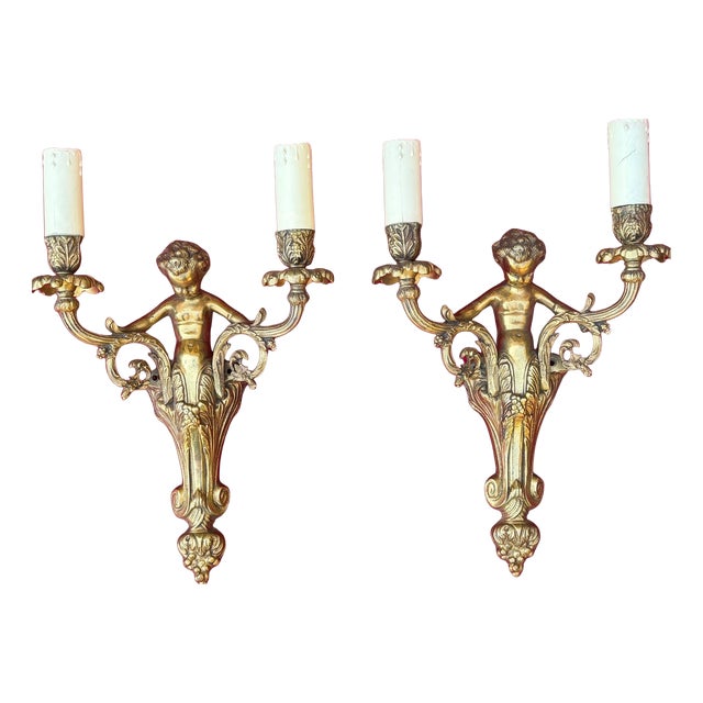 French Louis XV Style Gilt Bronze Cherub Wall Sconces, 1930, Set of 2 For Sale