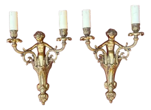 French Louis XV Style Gilt Bronze Cherub Wall Sconces, 1930, Set of 2