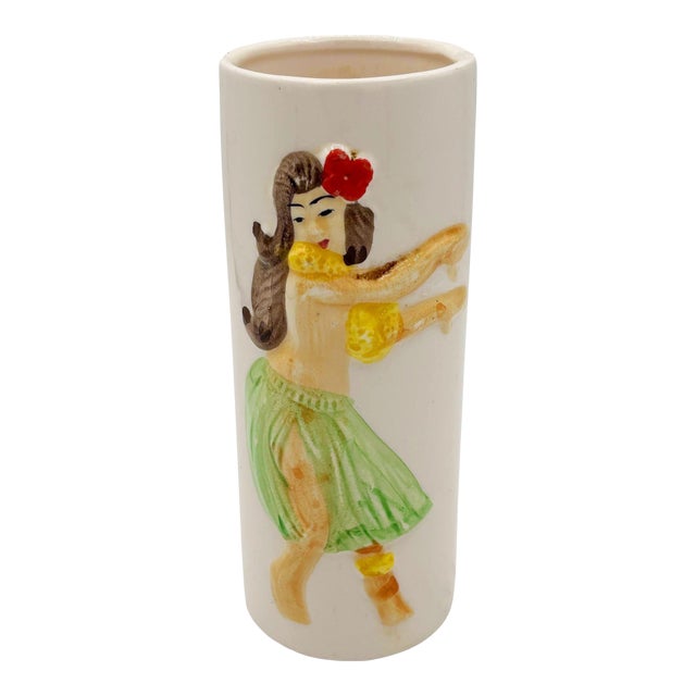 1950s Mid-Century Modern Hand-Painted Hula Girl R73a Ceramic Tumblar Cup by Orchids of Hawaii For Sale