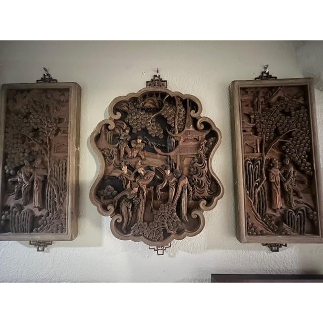 Hand Carved Wood Chinese Wall Plaque Set - 3pc Vintage Chinoiserie Garden Panels For Sale - Image 15 of 18