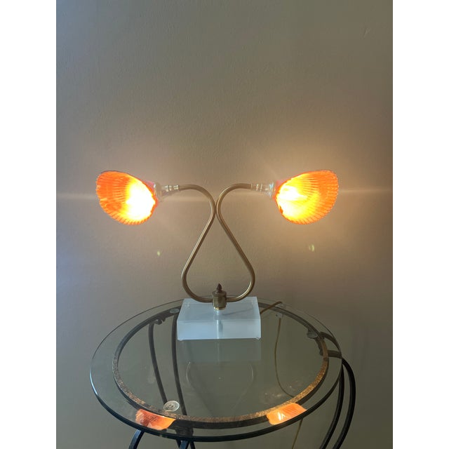 Vintage Hollywood Regency Double Gooseneck Seashell Lamp With Lucite Base For Sale - Image 4 of 7