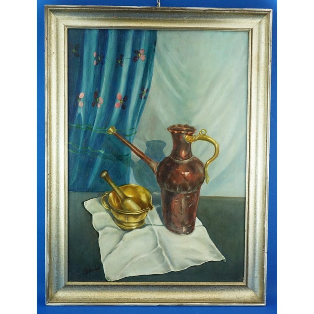 Item description: Beautiful, large oil painting on canvas depicting a still life with a silver-plated wooden frame, dating...