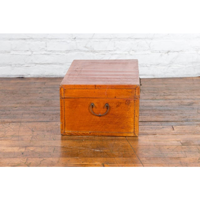 Chinese Chinese Antique Leather and Brass Trunk with Original Lacquer and Calligraphy For Sale - Image 3 of 13