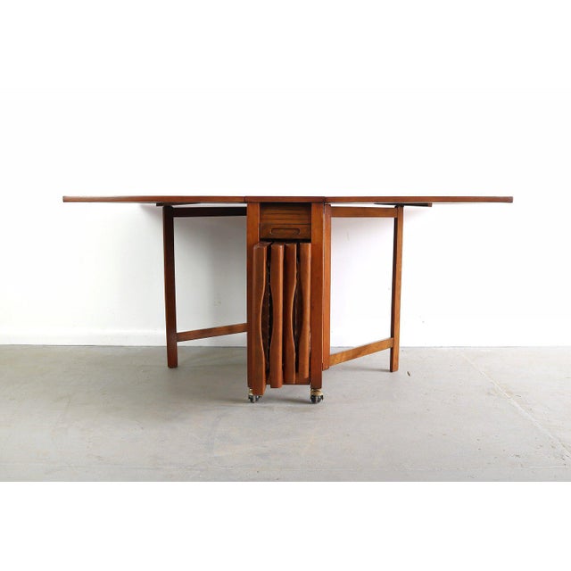 1960s Danish Modern Drop Leaf Hide a Way Table With 4 Folding Chairs - 5 Pieces For Sale - Image 4 of 7