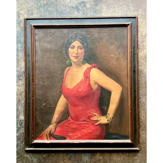 Vintage Boho Original Art Deco Oil Portrait of Woman For Sale - Image 9 of 9