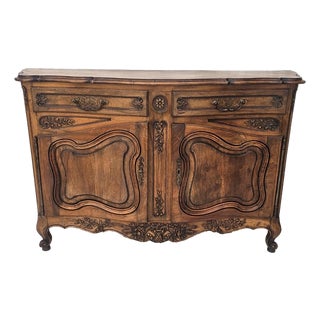 Antique French Louis XV Walnut Buffet Sideboard Curved Front Carved C1900s For Sale