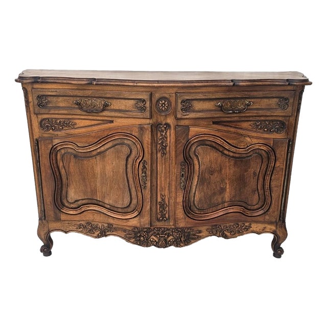 Antique French Louis XV Walnut Buffet Sideboard Curved Front Carved C1900s For Sale