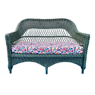 1980s Wicker Sofa with Reupholstered Floral Cushion - Lacquered in Camp Green For Sale