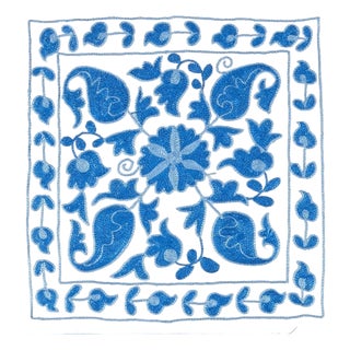 Cream & Light Blue Handmade Uzbek Suzani Silk Embroidery Cushion Cover 18"x19" For Sale