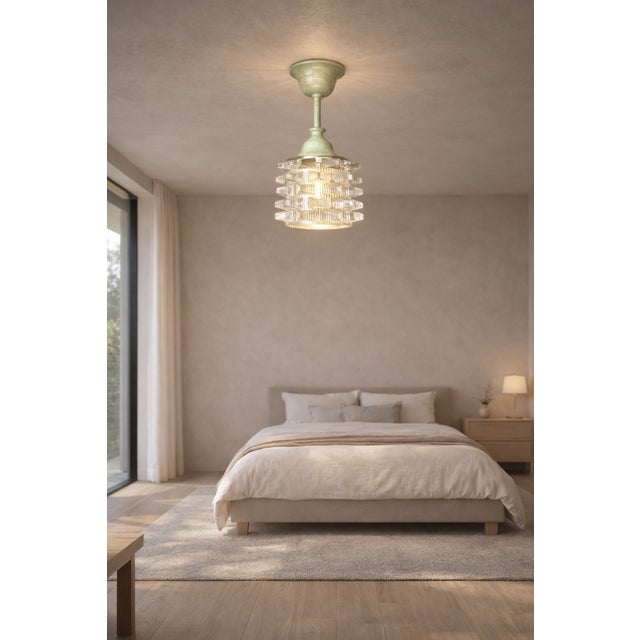 1970s Small Geometrical Pressed Glass Semi-Flush Mount, 1970s For Sale - Image 5 of 12