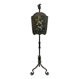 Antique Hand-Painted Floral Tôle Shield Fireplace Screen on Wrought Iron Stand For Sale