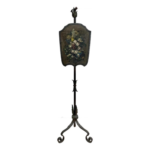 Antique Hand-Painted Floral Tôle Shield Fireplace Screen on Wrought Iron Stand For Sale