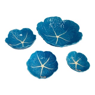 Turquoise Blue Pottery Cabbage Nesting Bowls Handmade in Portugal - Set of 4 For Sale