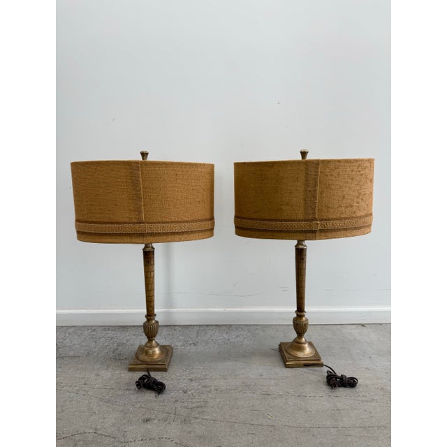 Vintage Mid-Century Carved Wood & Brass Table Lamps - Pair With Original Shades For Sale - Image 4 of 10