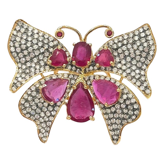 Bochic “Capri” Vintage Ruby & Topaz Butterfly Ring Set In 18K Gold & Silver For Sale