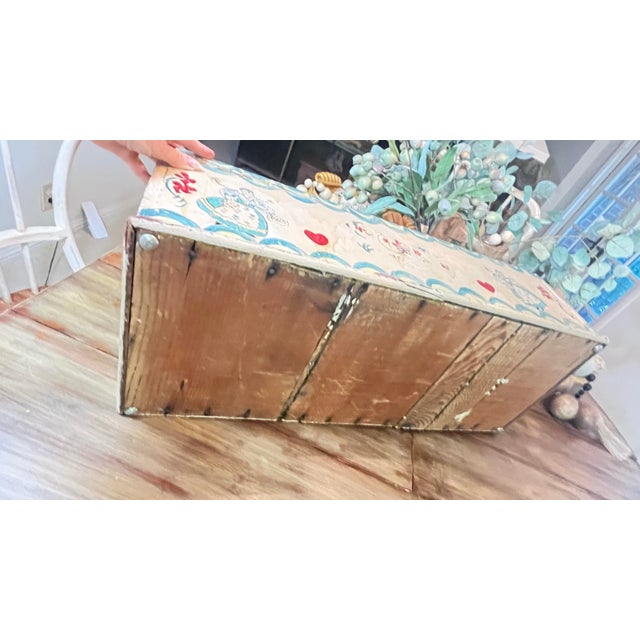 Mid 20th Century Rare Vintage Hand-Painted Wooden Folk Art Lift-Top Chest Trunk For Sale - Image 5 of 12