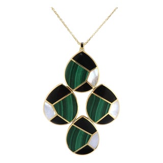 Mid 20th Century Ippolita Malachite MOP Onyx 18k Yellow Gold 4 Mosaic Large Pendant Necklace For Sale