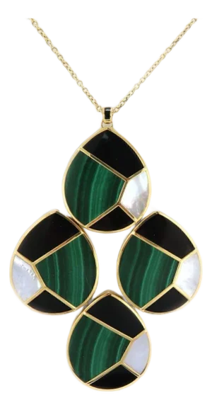 Mid 20th Century Ippolita Malachite MOP Onyx 18k Yellow Gold 4 Mosaic Large Pendant Necklace