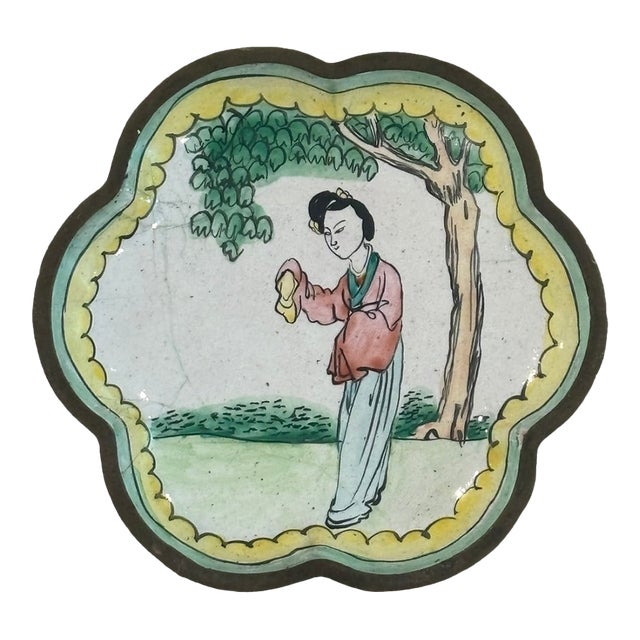 Early 20th Century Chinese Canton Enamel Figural Dish, Petite in Scale For Sale