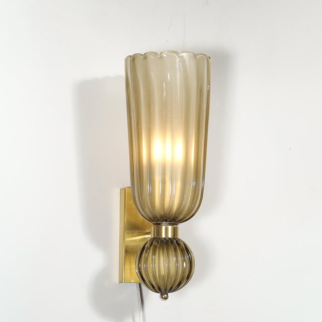 Pair of Modernist Hand-Blown Murano Fluted Glass Sconces in Frosted Smoked Topaz For Sale - Image 4 of 18