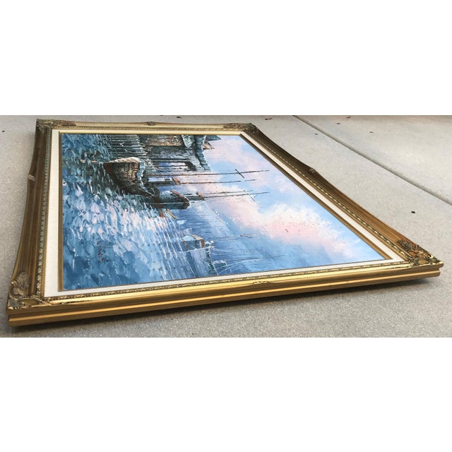 Wood Vintage Signed & Framed W. Haywood Painting on Canvas, Boats and Old Boathouse For Sale - Image 7 of 10