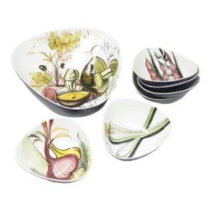 Vintage Mancioli Italian Ceramic Serving Bowl Set With Hand-Painted Vegetable Designs - 7 Pieces