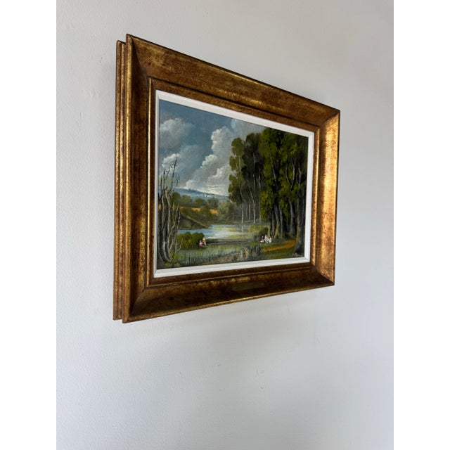 A charming 1976 Impressionist landscape oil painting titled “Le Lac” by French artist M. Roche. This tranquil composition...