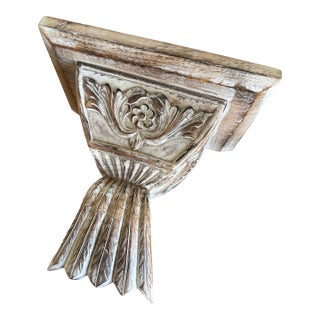 Vintage Handcarved Whitewashed Wood Corbel Wall Shelf For Sale