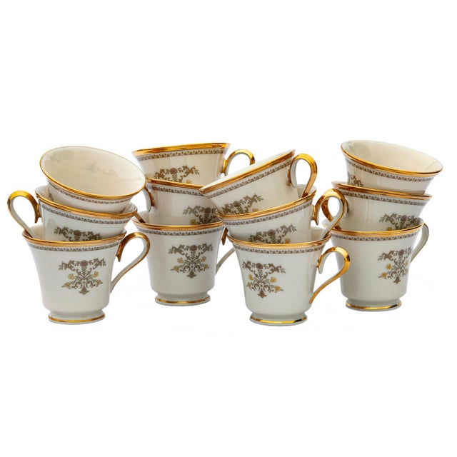 Traditional 1900s Lenox "Castle Garden" Footed Cups & Saucers; Set/12 For Sale - Image 3 of 10