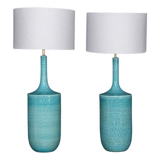 Vintage French Blue Ceramic Table Lamps, 1970, Set of 2 For Sale
