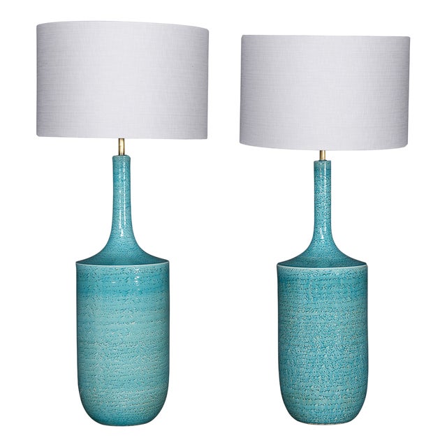 Vintage French Blue Ceramic Table Lamps, 1970, Set of 2 For Sale