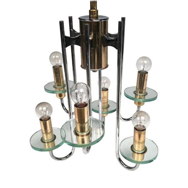 Mid-Century Modern Chrome, Glass & Brass Chandelier by Gaetano Sciolari For Sale
