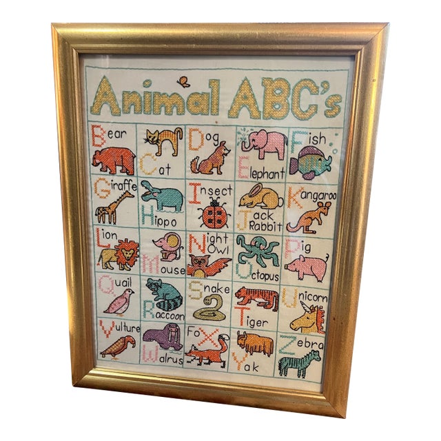 1970s Needlepoint Alphabet Children's Wall Decor Framed For Sale