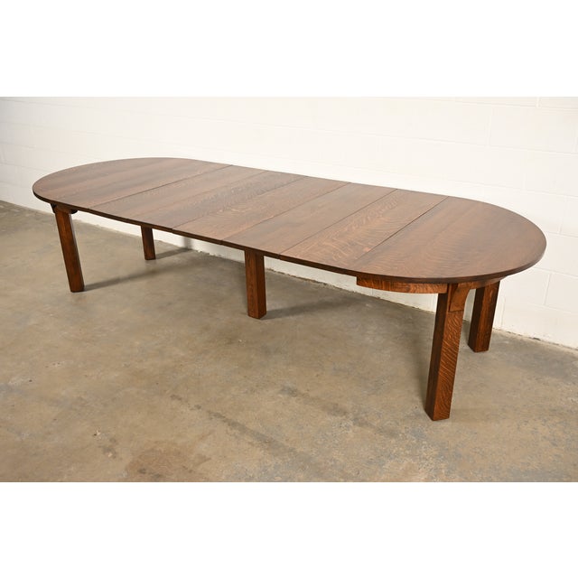 Brown Limbert Antique Mission Oak Arts & Crafts Five-Leg Extension Dining Table, Newly Refinished For Sale - Image 8 of 11