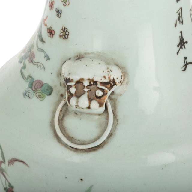 Chinese Guangxu Era Circa 1880s Chinese Export Large Famille Rose Vase With Image of Maidens in Fanciful Garden and Foo Dog Mask Handles For Sale - Image 3 of 8