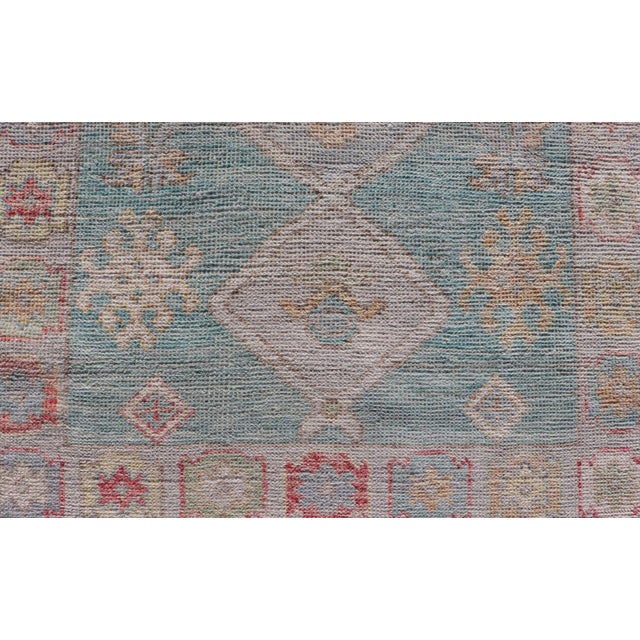 Textile Modern Small Oushak Runner With Teal-Blue Background and Medallion Motif For Sale - Image 7 of 11