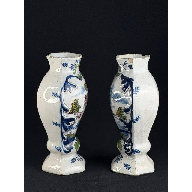Dutch Delft Faience Vases with Hand-Painted Pastoral Scenes, Set of 2 For Sale - Image 10 of 11