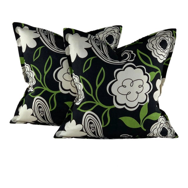 Premier Prints MM Designs Black Cream & Green Botanical Floral Leaf Leaves Paisley Pillow Covers- a Pair For Sale