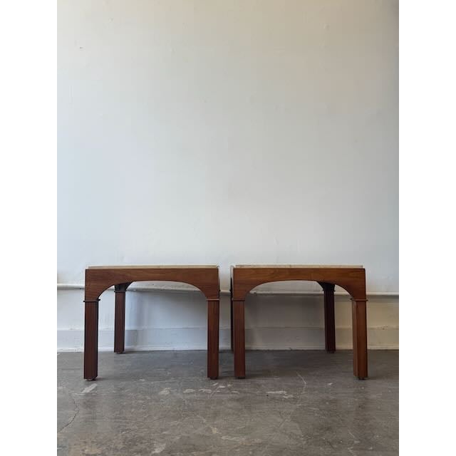 Brown Saltman 1960s Pair of Mahogany and Travertine Tables Attributed to John Keal for Brown Saltman For Sale - Image 4 of 12