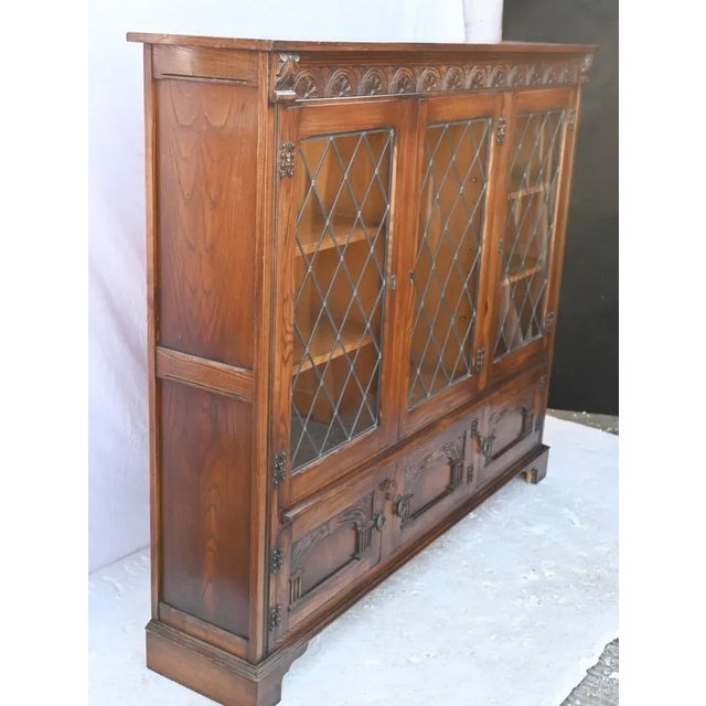 Antique Oak Book Cabinet with Hand Carving and Glass, 1920s For Sale - Image 10 of 12