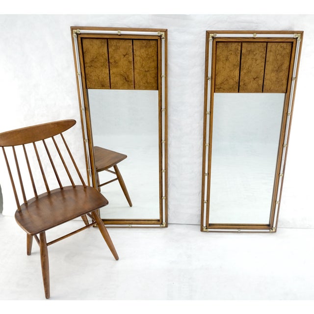 Pair of c1970s Mid Century Faux Bamboo Crome & Burl Rectangle Wall Mirrors MINT