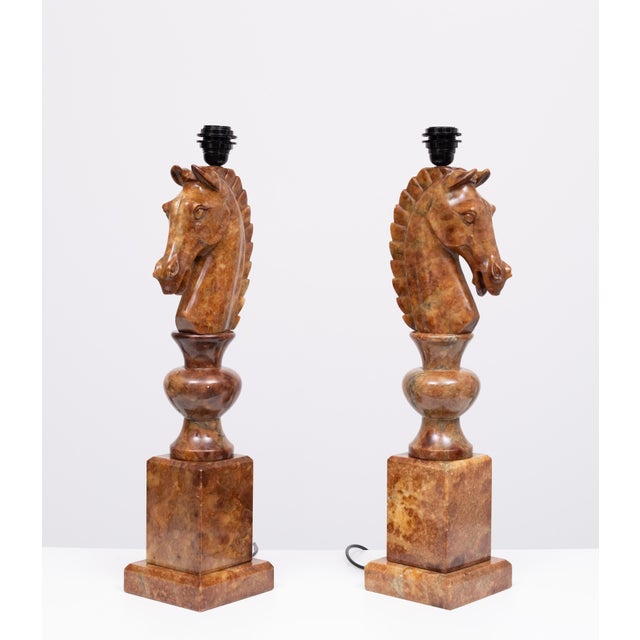 Large Horse Head Chess Knights Lamp in Carved Alabaster, taly, 1960s, Set of 2 For Sale - Image 14 of 15