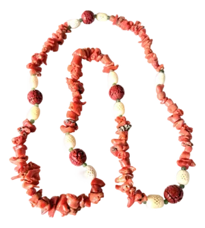Vintage Chinese Coral and Cinnabar 36" Beaded Necklace
